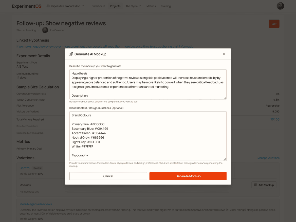 Screenshot of Experiment OS design generation