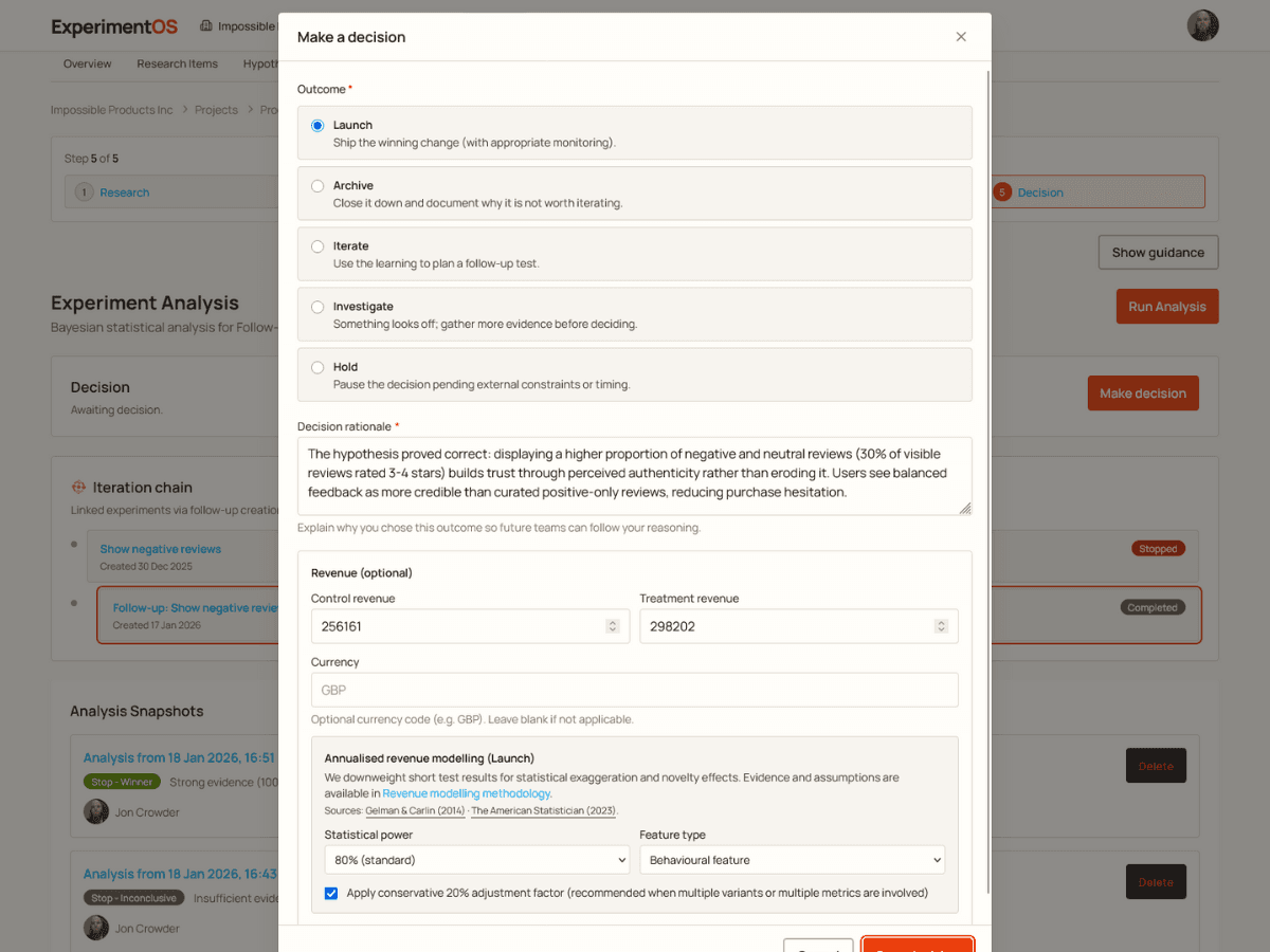 Screenshot of Experiment OS revenue modelling