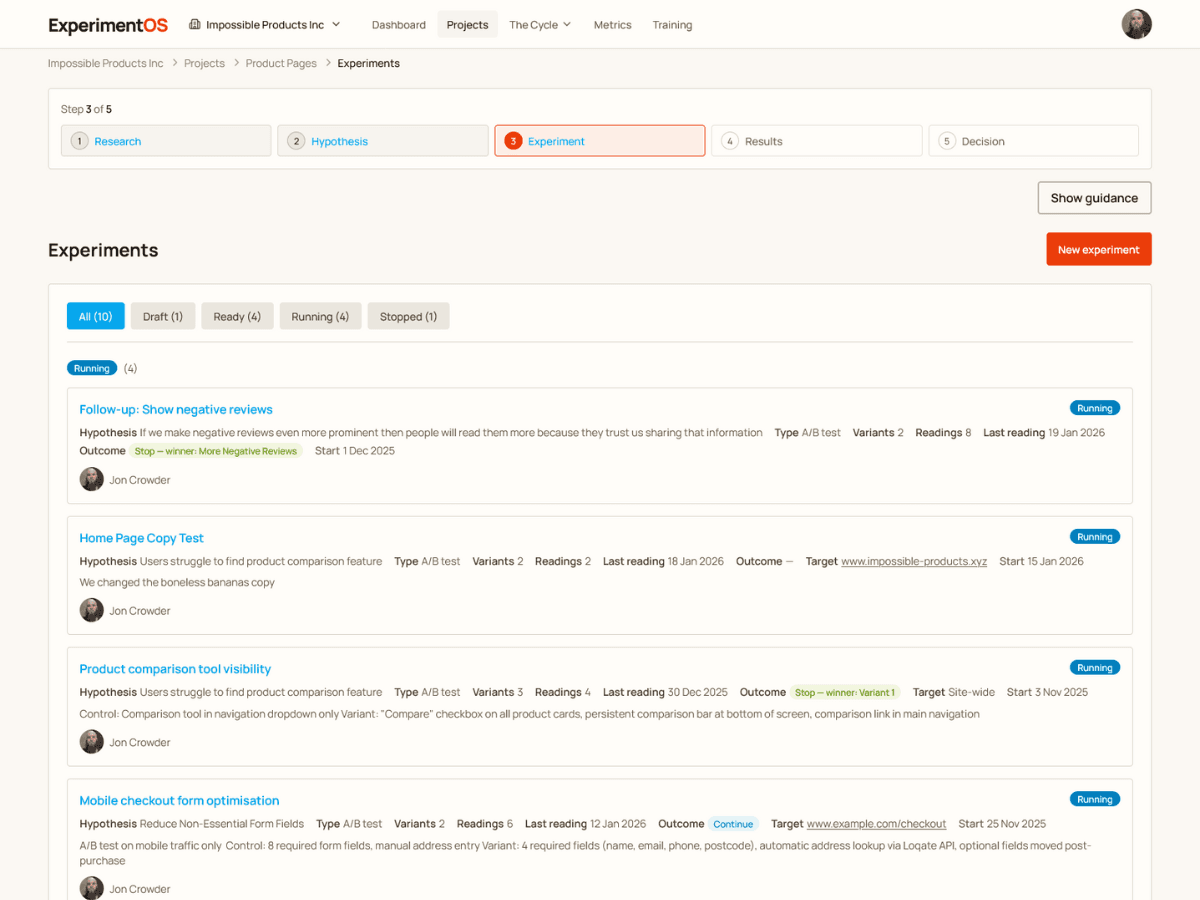 Screenshot of Experiment OS experiment management