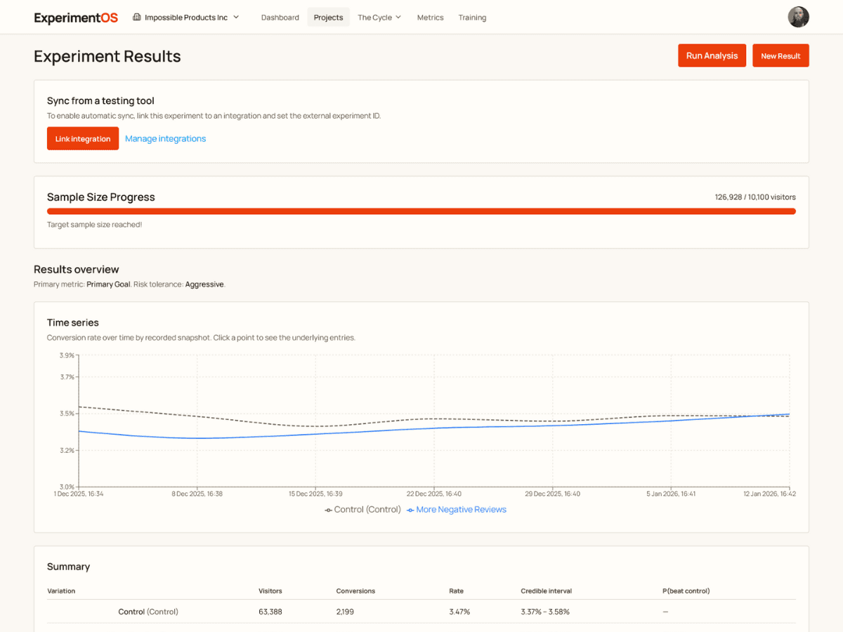 Screenshot of Experiment OS platform integrations