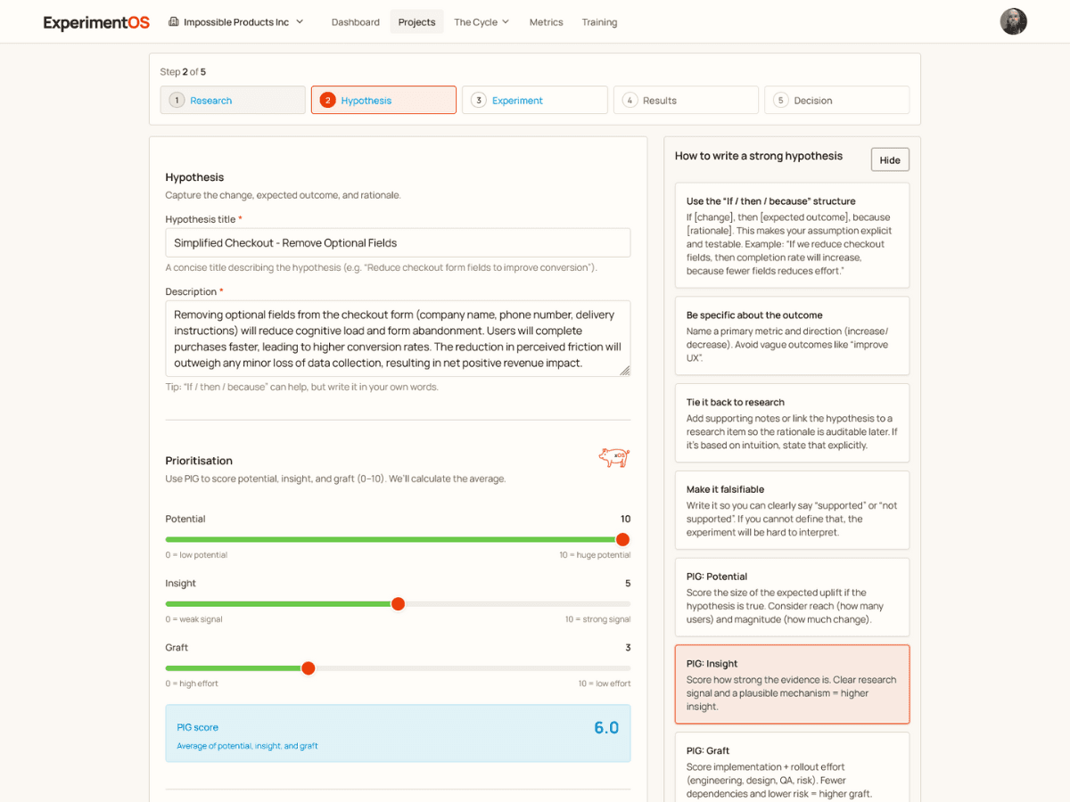 Screenshot of Experiment OS hypothesis development